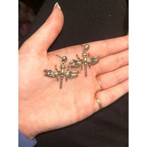 Vintage Style Two Tone Dragonfly Drop Earrings Silver Gold Mixed Metal Post Back